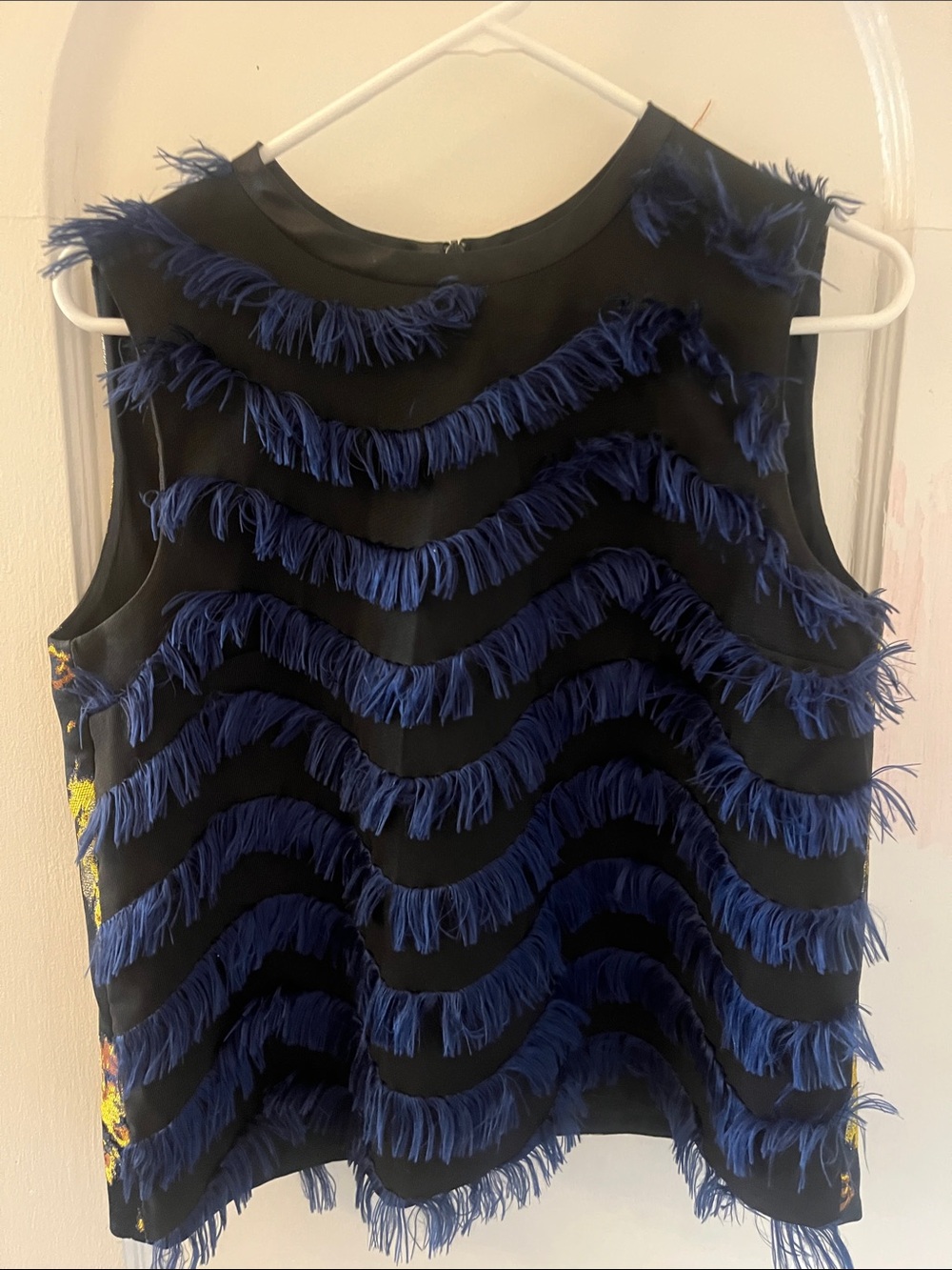 Black Sleeveless Top with Navy Fringe Waves